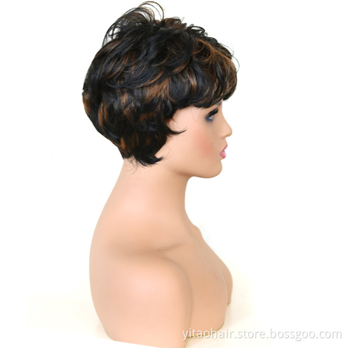 2021 Amazon Pixie Cut Synthetic Wig Brown Blend Black Short Wig with Bangs Wavy Highlight Wigs for African American Natural Hair